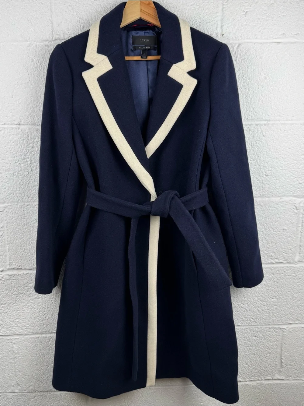 J. Crew Italian Wool Navy & Ivory Contrast Trim Belted Coat Size 4 - Picture 2 of 10